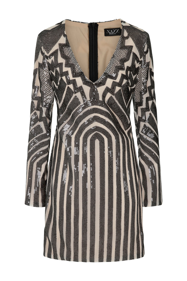 nazz collection black nude ashanti geometric long sleeve bodycon dress mini