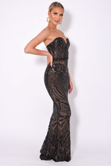 Kenza Black Luxe Sweetheart Plunge Sequin Embellished Fishtail Dress