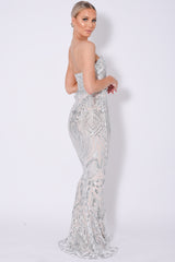 Kenza Silver Luxe Sweetheart Plunge Sequin Embellished Fishtail Dress