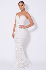 Kenza White Luxe Sweetheart Plunge Sequin Embellished Fishtail Dress