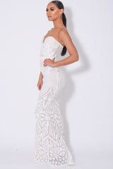 Kenza White Luxe Sweetheart Plunge Sequin Embellished Fishtail Dress