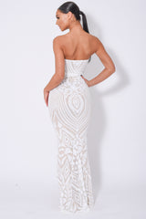 Kenza White Luxe Sweetheart Plunge Sequin Embellished Fishtail Dress