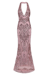 Aaliyah Rose Gold Halterneck Floral Sequin Embellished Maxi Fishtail Dress