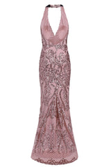 Aaliyah Rose Gold Halterneck Floral Sequin Embellished Maxi Fishtail Dress