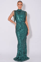 Magic Vip Green Luxe Tassel Fringe Sequin Embellished Illusion Maxi Dress