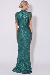 Magic Vip Green Luxe Tassel Fringe Sequin Embellished Illusion Maxi Dress