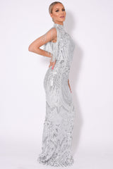 Magic Vip Silver Luxe Tassel Fringe Sequin Embellished Illusion Maxi Dress