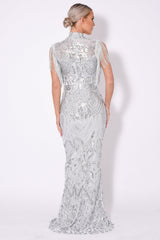 Magic Vip Silver Luxe Tassel Fringe Sequin Embellished Illusion Maxi Dress