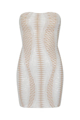 Tie Me Up White Nude Bandeau Cage Sequin Bandage Illusion Lace Up Dress