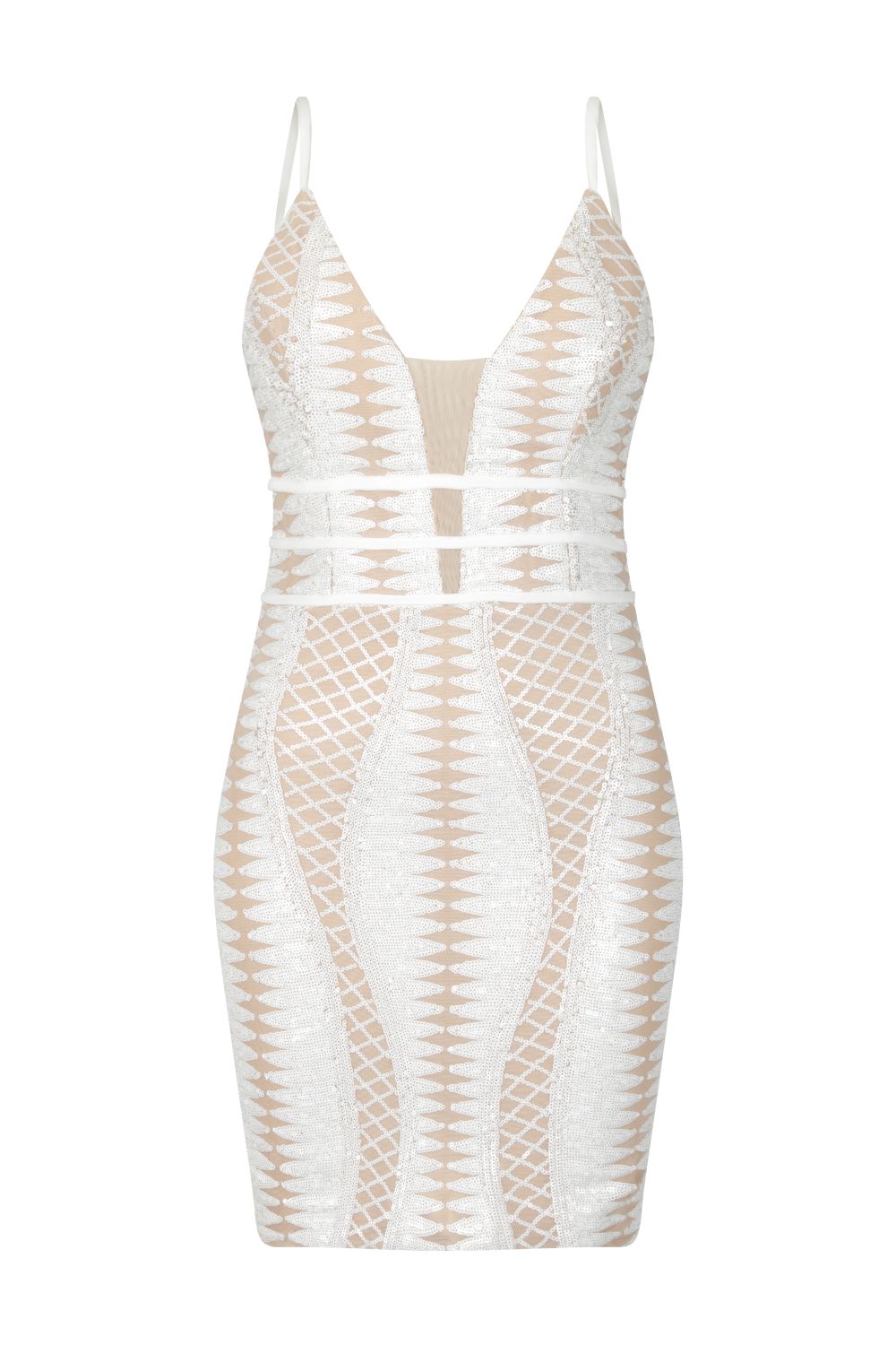 Limelight White Nude Plunge Cage Sequin Bandage Illusion Mini Dress