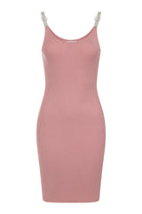 Angelina Dusty Pink Diamonte Strap Ribbed Pencil Midi Bodycon Dress