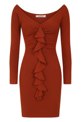 Precious Dark Camel Ruffle Ribbed Knitted Bodycon Long Sleeve Dress