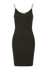 Angelina Khaki Diamante Strap Ribbed Knitted Pencil Midi Bodycon Dress