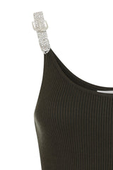 Angelina Khaki Diamante Strap Ribbed Knitted Pencil Midi Bodycon Dress