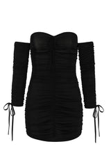 All Ruched Up Black Off The Shoulder Long Sleeve Slinky Mini Dress