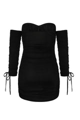 All Ruched Up Black Off The Shoulder Long Sleeve Slinky Mini Dress