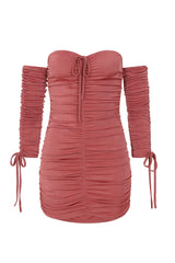 All Ruched Up Dusty Pink Off The Shoulder Long Sleeve Slinky Mini Dress