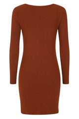 Jasmine Dark Camel Lace Up Diamante Ribbed Knitted Long Sleeve Mini Slit Dress