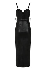 High Standards Black Leather Belted Split Maxi Dress