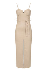 High Standards Nude Leather Belted Split Maxi Dress