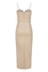 High Standards Nude Leather Belted Split Maxi Dress