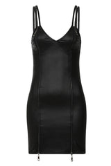 Unzip Me Black Leather Look Double Zip Slit Mini Dress