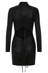 Party In The Back Black Wet Look Long Sleeve Ruched Dress