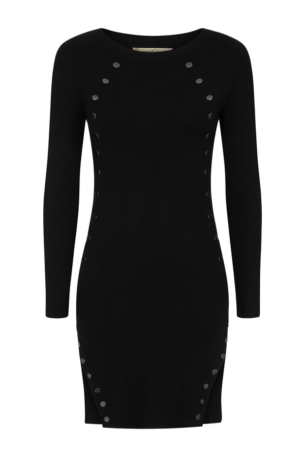 Celina Black Button Ribbed Knitted Long Sleeve Double Slit Mini Dress