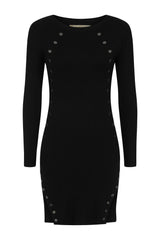 Celina Black Button Ribbed Knitted Long Sleeve Double Slit Mini Dress