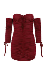 All Ruched Up Berry Off The Shoulder Long Sleeve Slinky Mini Dress