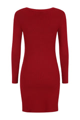 Celina Red Button Ribbed Knitted Long Sleeve Double Slit Mini Dress