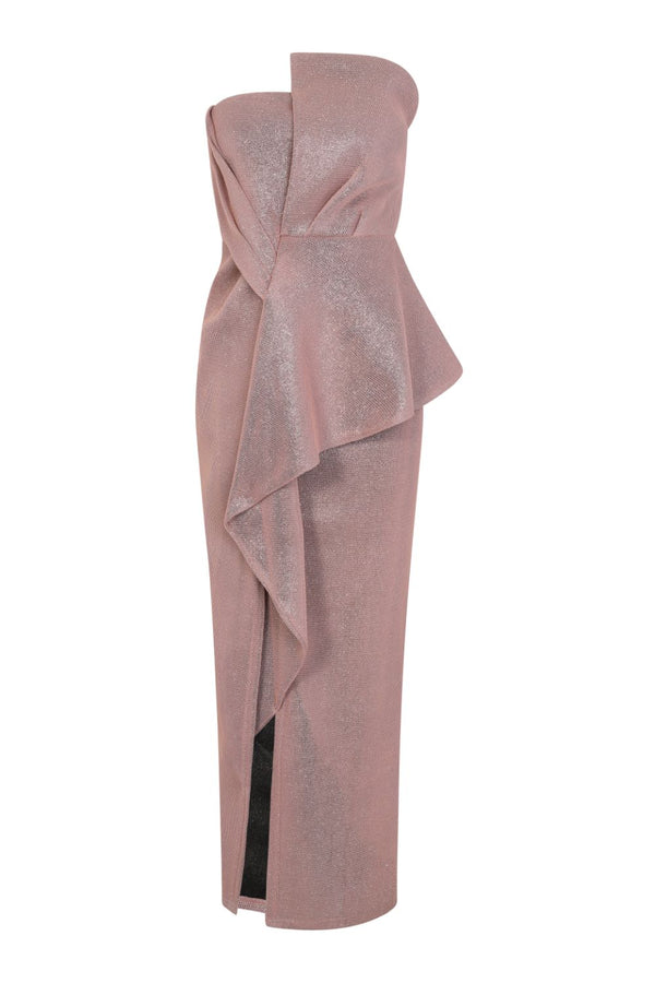 Cosmia Blush Glitter Sparkle Bandeau Pleated Detail Pencil Maxi Dress