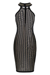 Xtra Black Crystal Iridescent Rhinestone Sheer Mesh Midi Bodycon Dress