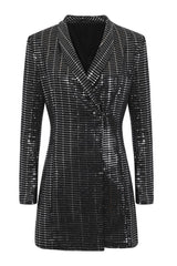 Tempt Me Silver Black Metallic Tuxedo V Neck Blazer Tux Dress