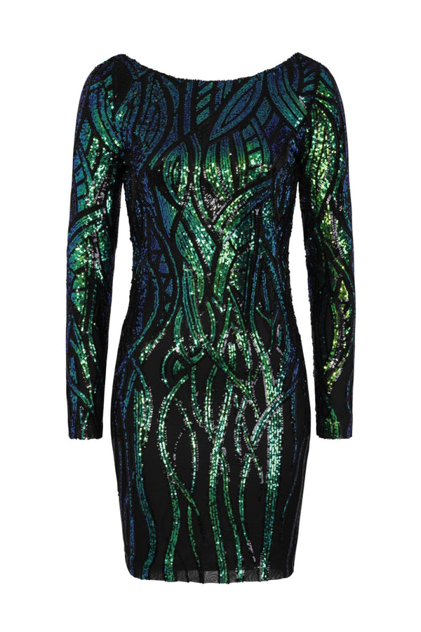 Fortune Black Green Luxe Illusion Sequin Long Sleeve Open Back Midi Dress