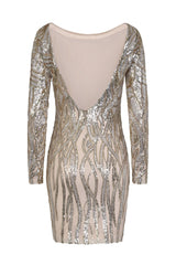 Fortune Silver Gold Luxe Illusion Sequin Long Sleeve Open Back Midi Dress