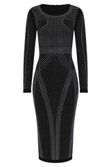 Luxor Black Caviar Crystal Rhinestone Bodycon Midi Dress