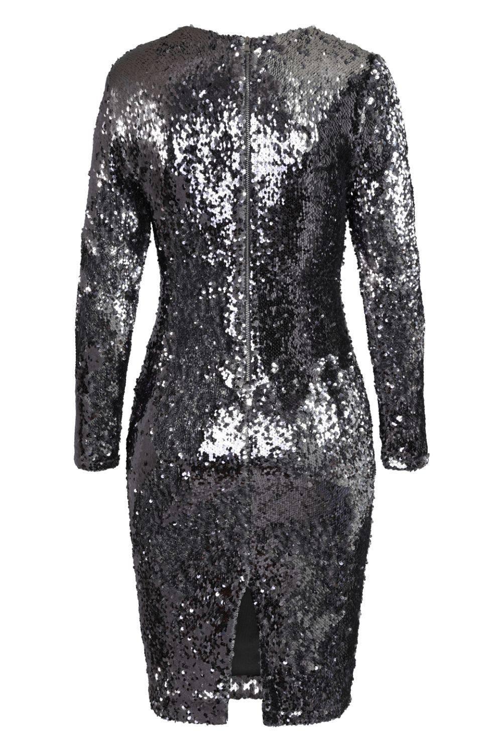 Starlight Chrome Silver Luxe Reversible Sequin Long Sleeve Midi Dress