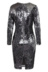 Starlight Chrome Silver Luxe Reversible Sequin Long Sleeve Midi Dress