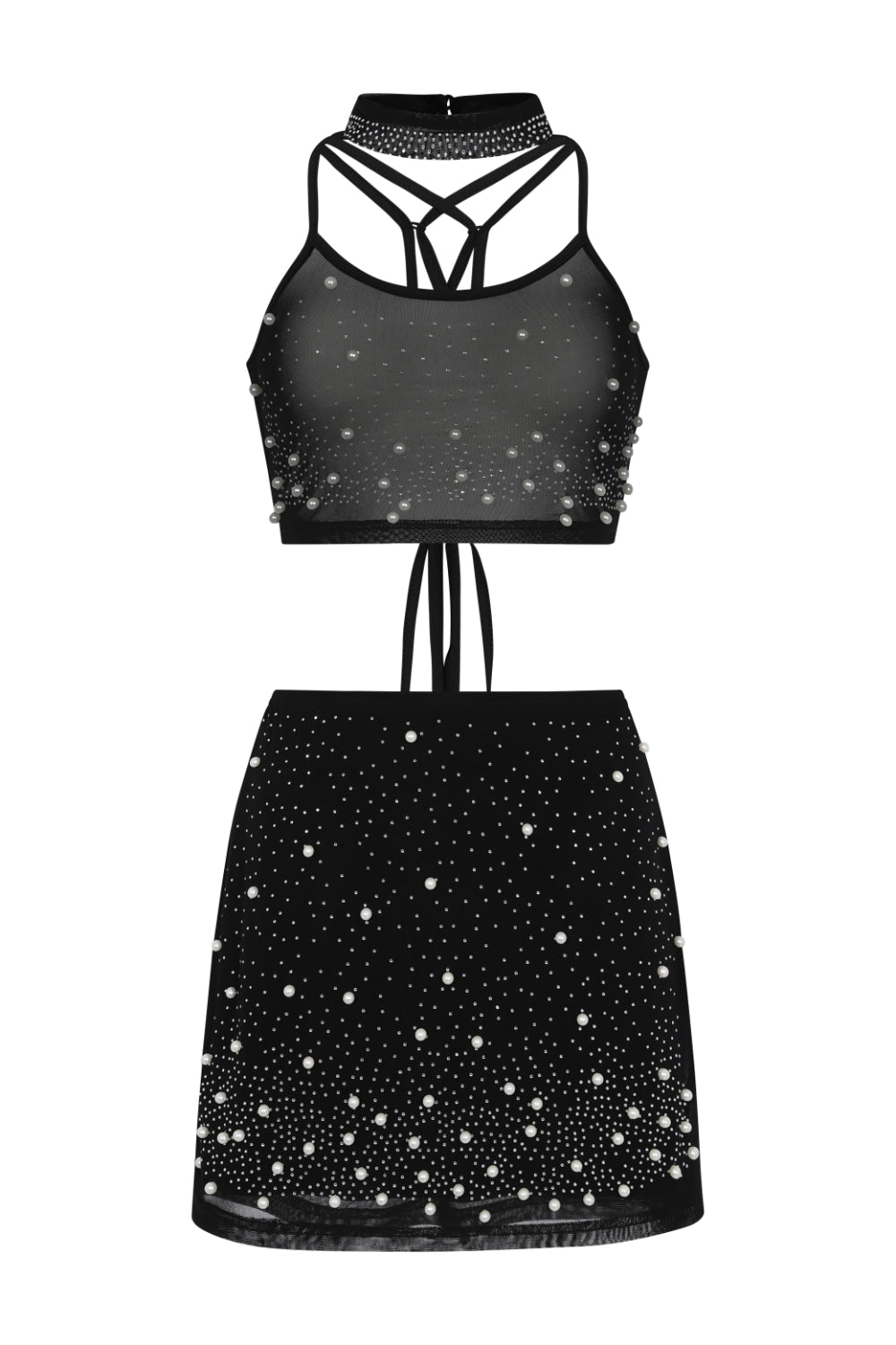 Caution Vip Black Rhinestone & Pearls Two Piece Skirt Top Co Ord Set