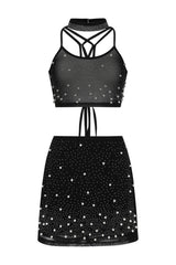 Caution Vip Black Rhinestone & Pearls Two Piece Skirt Top Co Ord Set