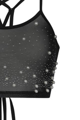 Caution Vip Black Rhinestone & Pearls Two Piece Skirt Top Co Ord Set