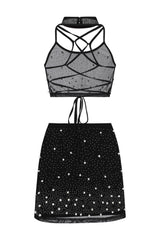Caution Vip Black Rhinestone & Pearls Two Piece Skirt Top Co Ord Set