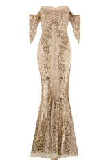 Royalty Vip Nude Gold Sequin & Embroidery Bardot Fishtail Mermaid Dress