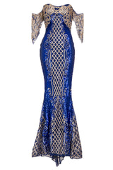 Royalty Vip Blue Gold Sequin & Embroidery Bardot Fishtail Mermaid Dress