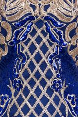 Royalty Vip Blue Gold Sequin & Embroidery Bardot Fishtail Mermaid Dress