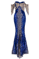 Royalty Vip Blue Gold Sequin & Embroidery Bardot Fishtail Mermaid Dress