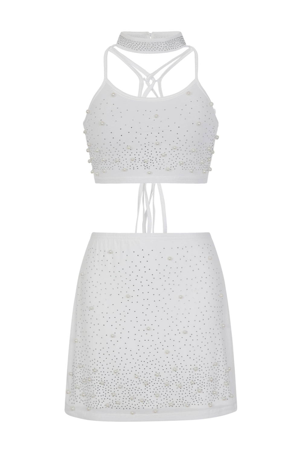 Caution White VIP Rhinestone & Pearls Embellished Skirt Top Two Piece Set
