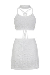 Caution White VIP Rhinestone & Pearls Embellished Skirt Top Two Piece Set