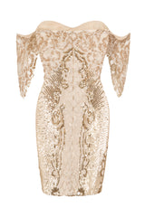 Rumour Vip Nude Gold Sweetheart Bardot Sequin Mini Bodycon Dress